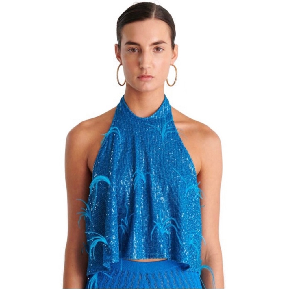 NEW RONNY KOBO BLUE SEQUIN EMBELLISHED HALTER TOP